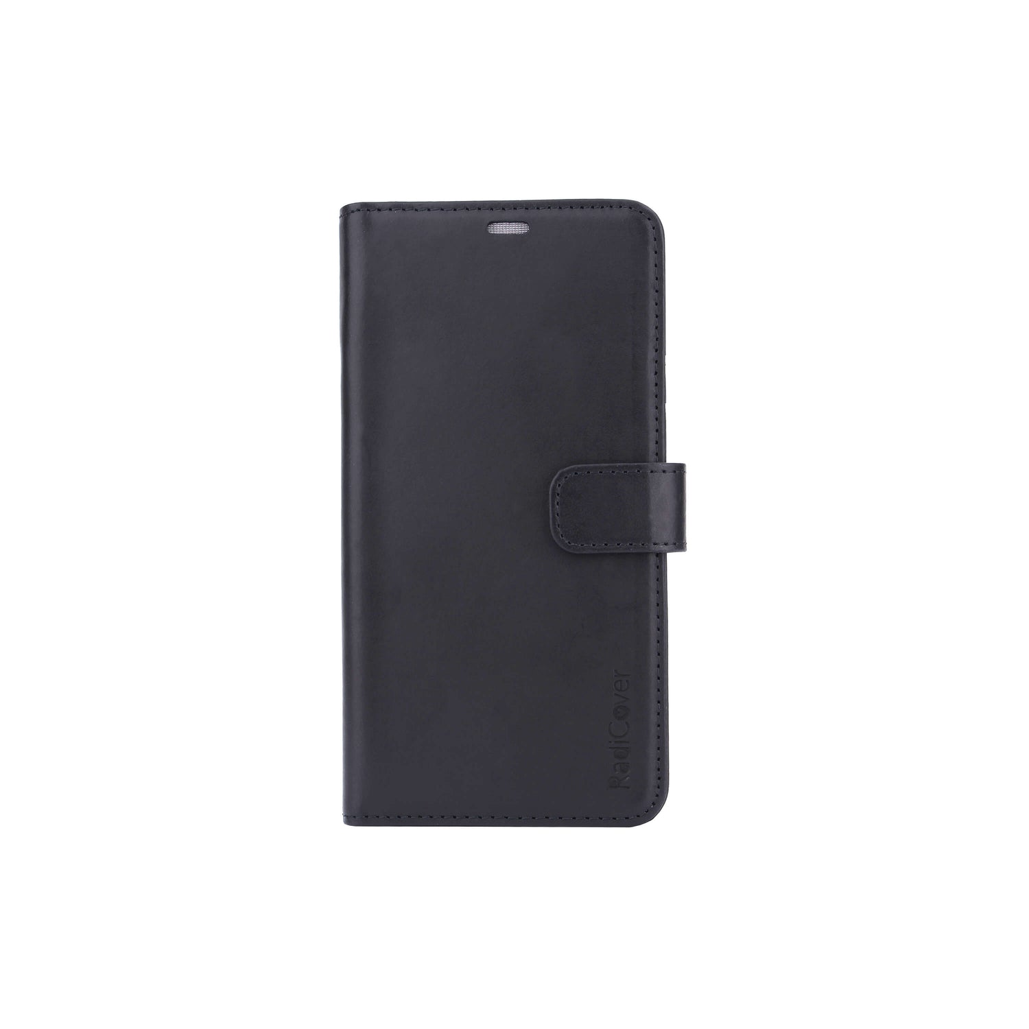 Radicover Exclusive 2-in-1 iPhone Xs Max case in black leather with magnetic clasp and RFID, shown on white.