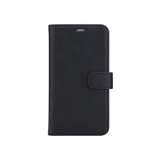 Radicover Fashion Wallet for iPhone 11 Pro Max—black vegan leather, RFID-safe, with magnetic clasp on a white background.