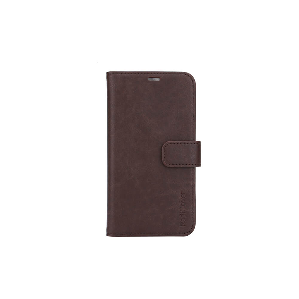 Radicover Fashion Wallet for iPhone 11 Pro Max in brown vegan leather with magnetic clasp and RFID protection, closed.
