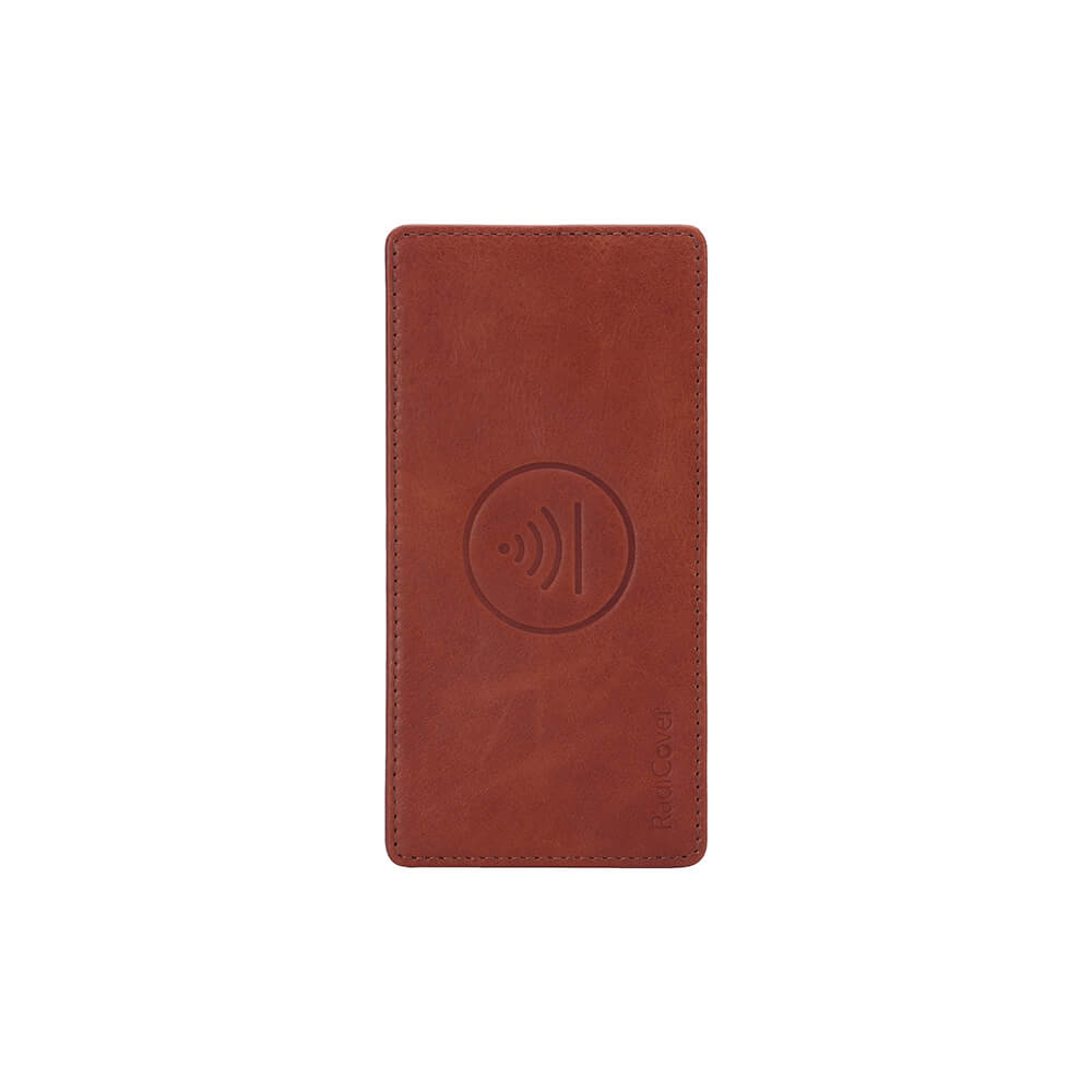 Radicover Pocket Guard - Universal 6.4 brown leather wallet with contactless symbol, shown on white background.