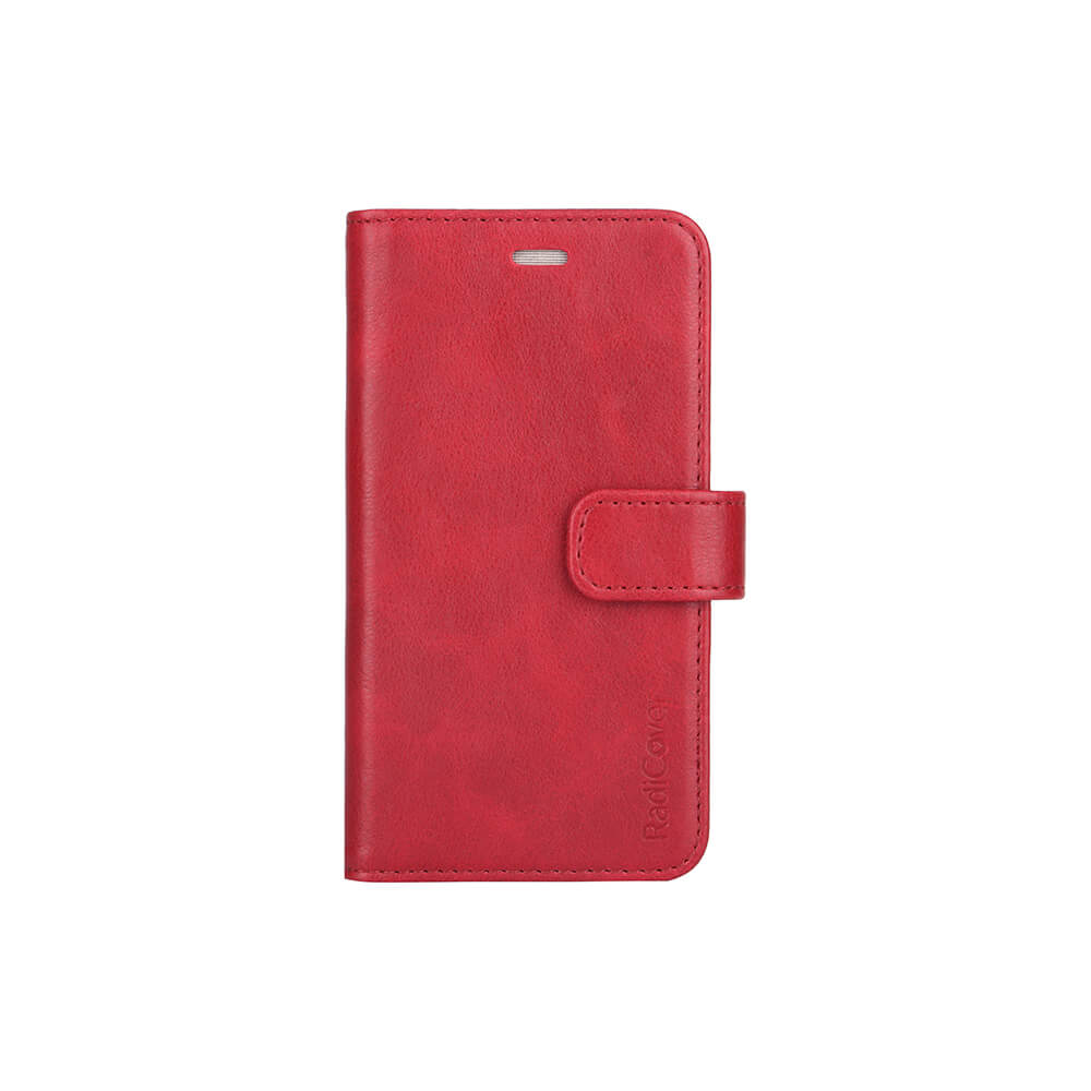 Radicover Fashion Wallet for iPhone 6/7/8/SE in red vegan leather with front flap, magnetic clasp & RFID protection.