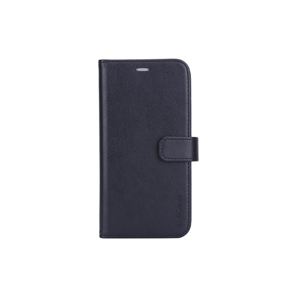 Radicover Fashion Wallet for iPhone 12 Pro Max: black vegan leather with RFID protection and magnetic clasp.