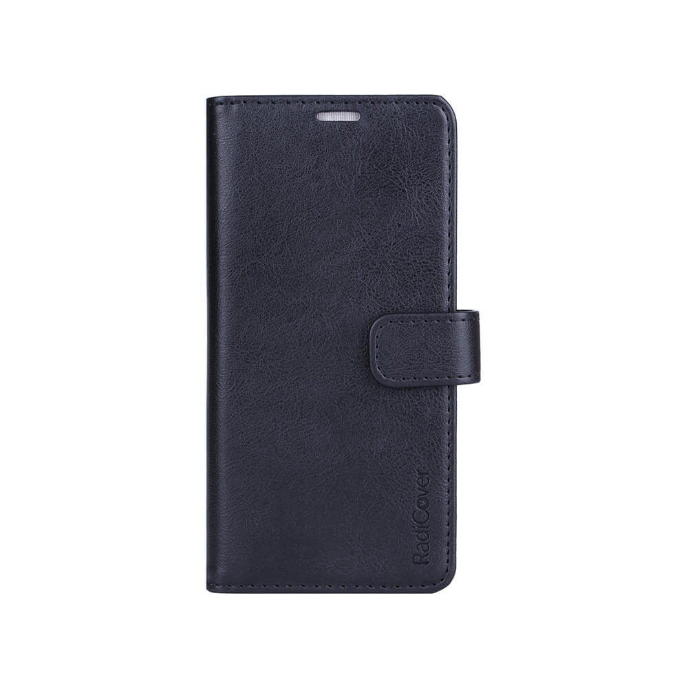 Radicover Fashion Wallet for Samsung Galaxy S21/S30 in black vegan leather, closed with a magnetic clasp on white background.