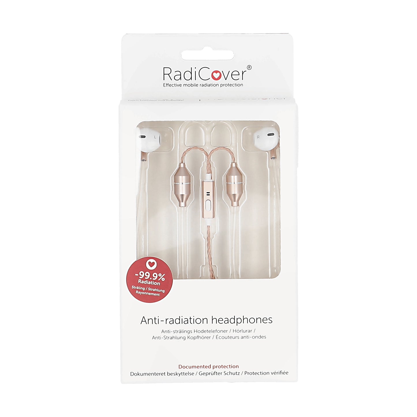 Radicover Wired In-Ear Headphones with mic, white with gold accents, and anti-mobile radiation Air Tube tech.