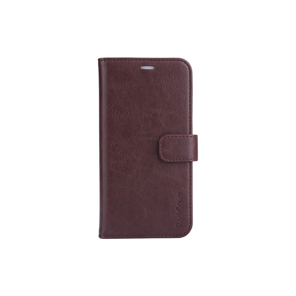 Radicover Fashion Wallet for iPhone 13: brown vegan leather, RFID protection, magnetic closure; shown on white background.