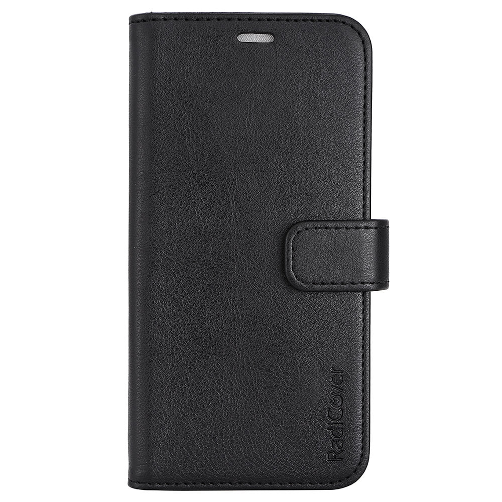 Radicover Fashion Wallet for iPhone 13/14: black vegan leather case with magnetic clasp and anti-radiation tech.