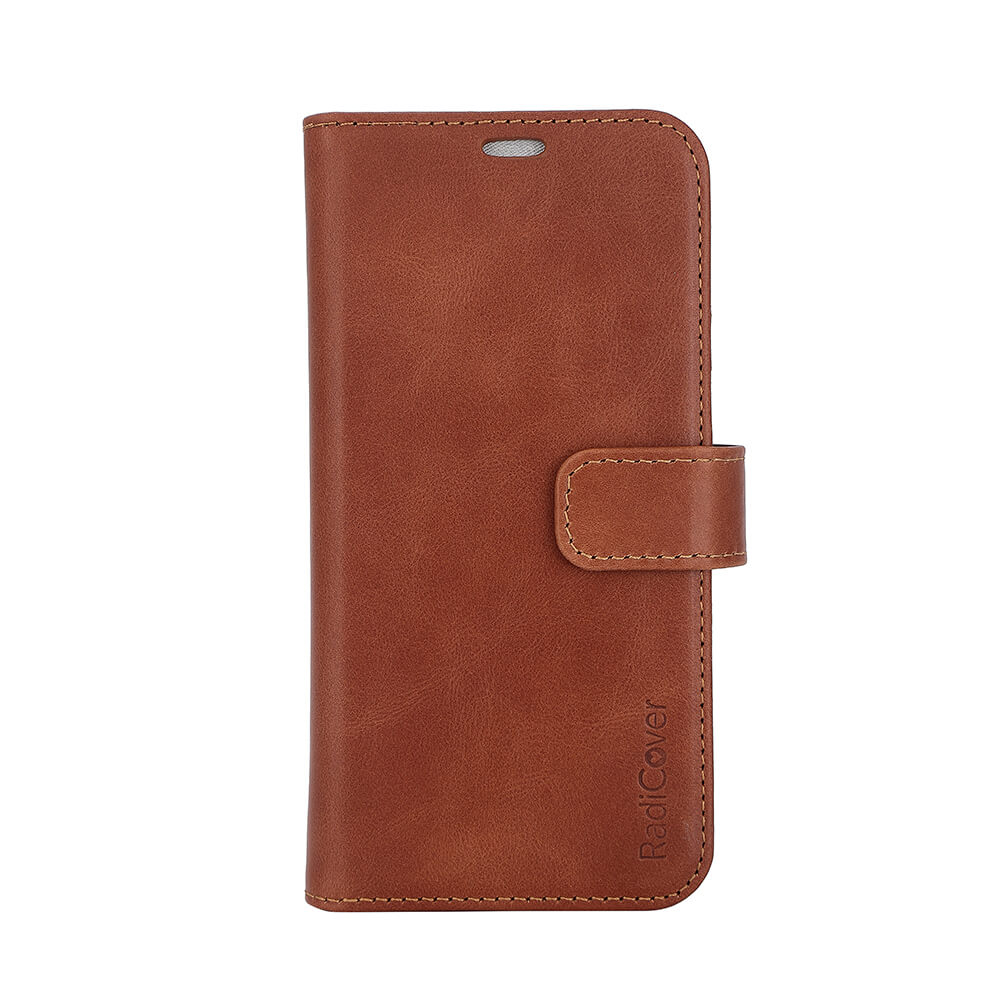 Radicover Exclusive 2-in-1 iPhone 15 case: brown full grain leather, RFID, magnetic clasp, stitched edges.