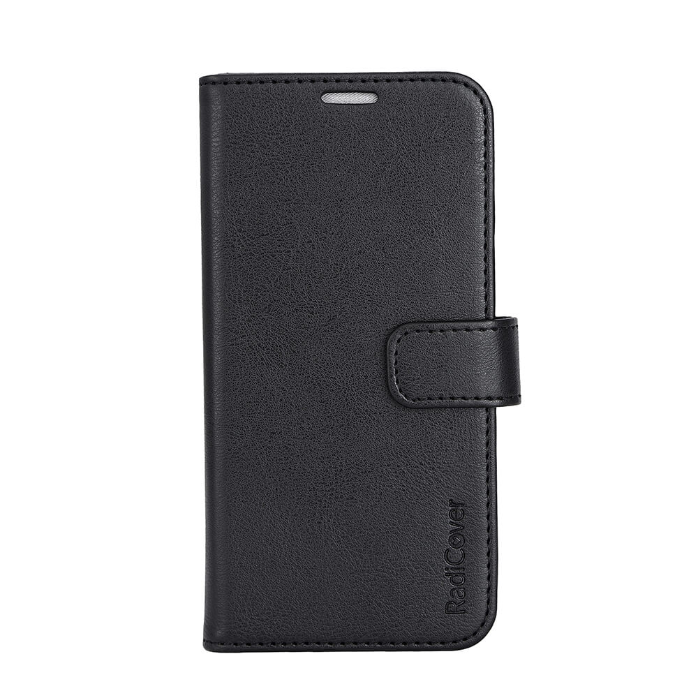 Radicover Fashion Wallet - iPhone 15: black vegan leather case with RFID, shown closed and upright on white background.