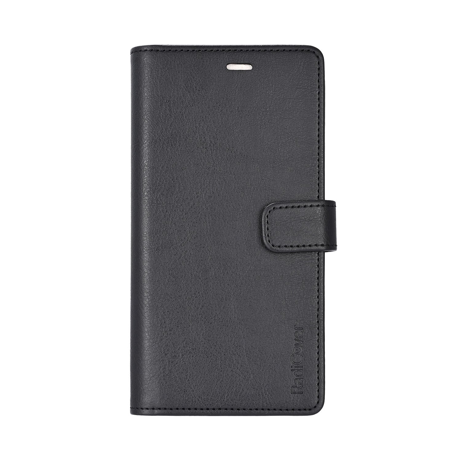 Radicover Fashion Wallet for iPhone 16e/17e: black vegan leather, RFID protection, magnetic clasp, front view shown.